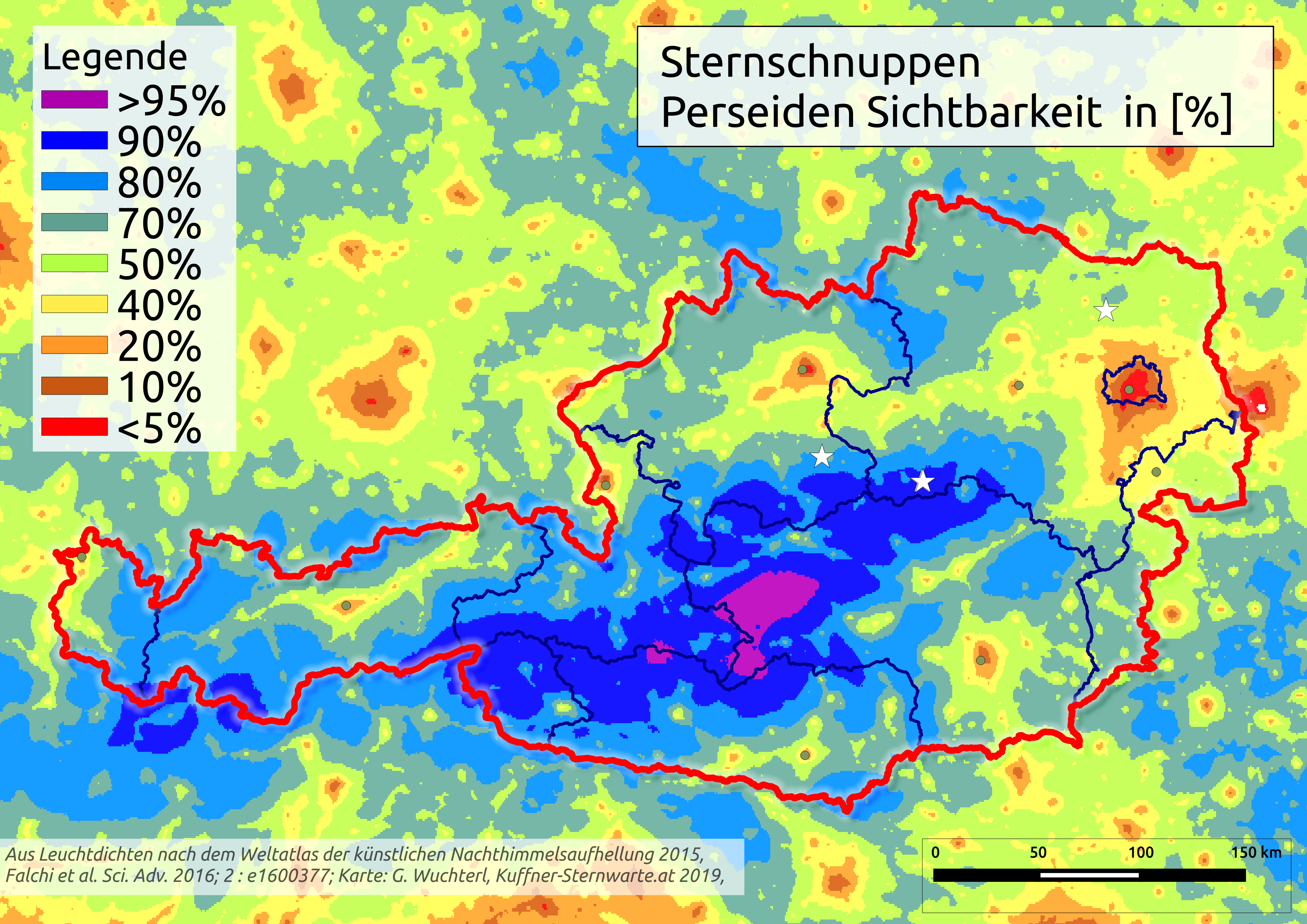  Ö Karte Sternschnuppensichtbarkeit. © Günther Wuchterl, Verein Kuffner-Sternwarte und Lebensraum Naturnacht